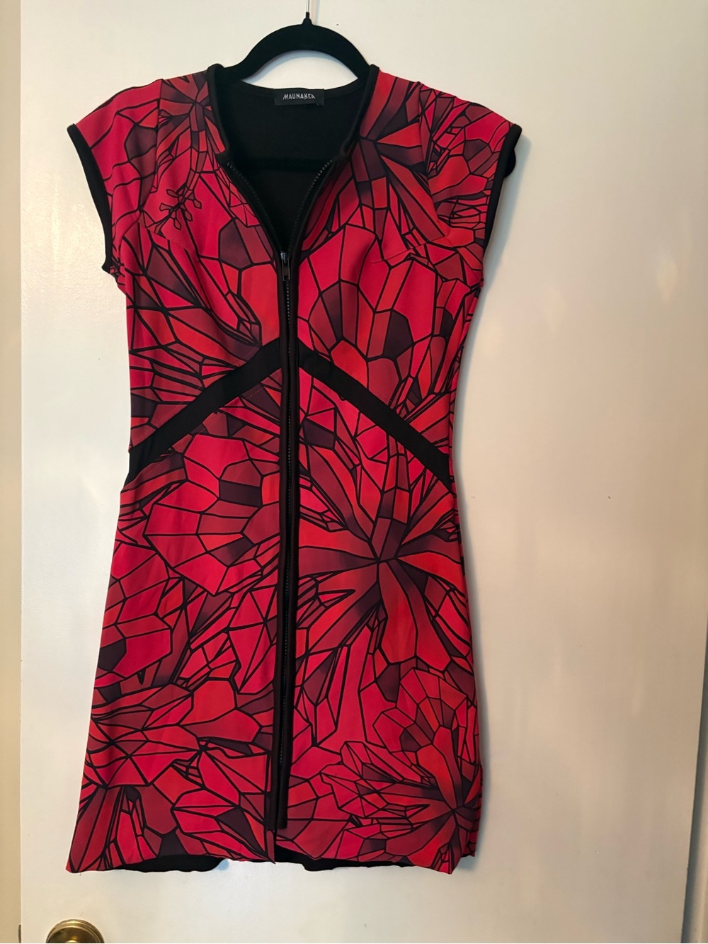 Vintage Mauna Kea Red & Black Mosaic Graphic Mini Dress | Zip Front | Small